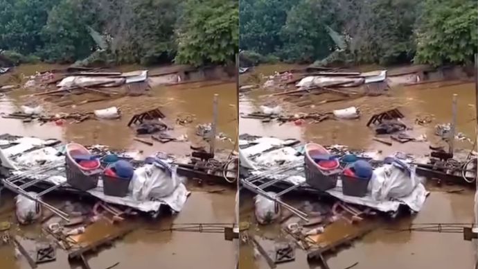 Rumah Milik Warga Terbawa Arus Banjir ke Sungai Ciliwung