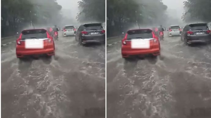 Jalan Taman Mini Jaktim Banjir Usai Diterpa Hujan Deras