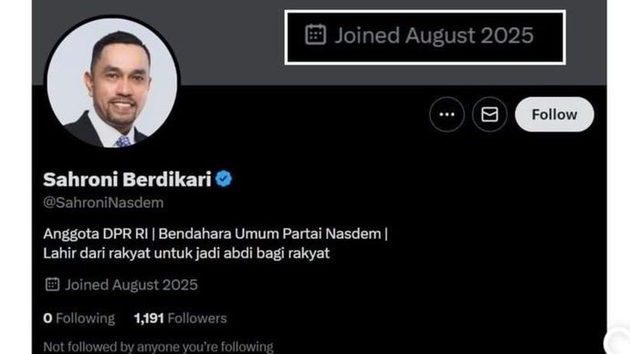 Muncul Akun Palsu 'Sahroni Berdikari' Catut Nama Ahmad Sahroni