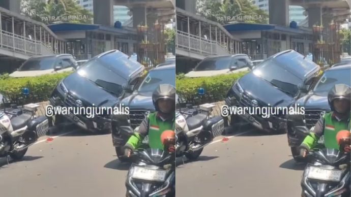 Viral Mobil Fortuner Tabrak Pembatas Jalan di Kuningan Jaksel Hingga Macet