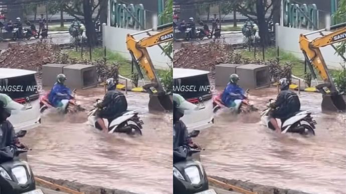 Banjir Genangi Jalan Aria Putra Depan Green Hills Tangsel, Kondisi Lalu Lintas Macet
