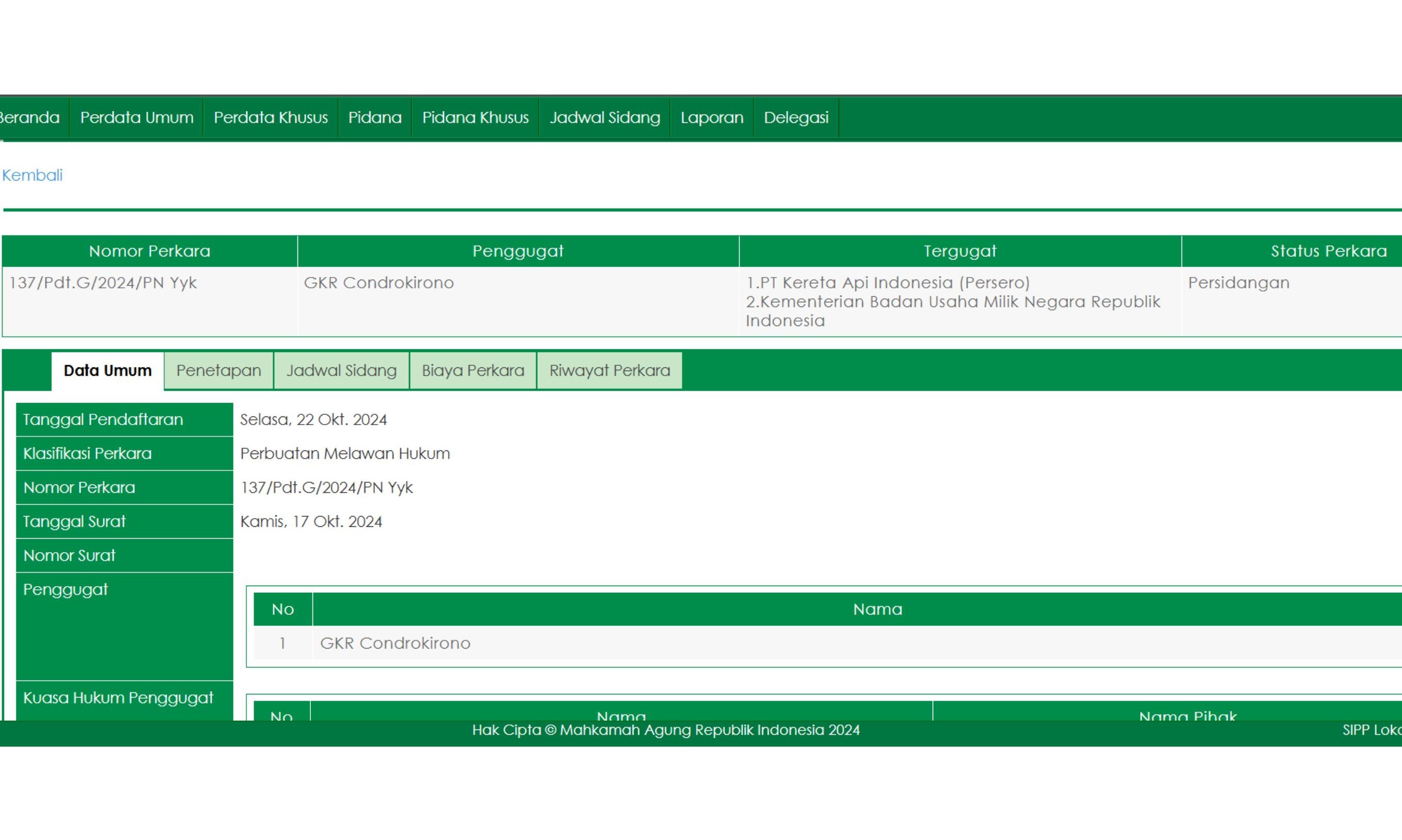 Daftar Gugatan Keraton ke PT KAI <b>(SIPP Jogya)</b>