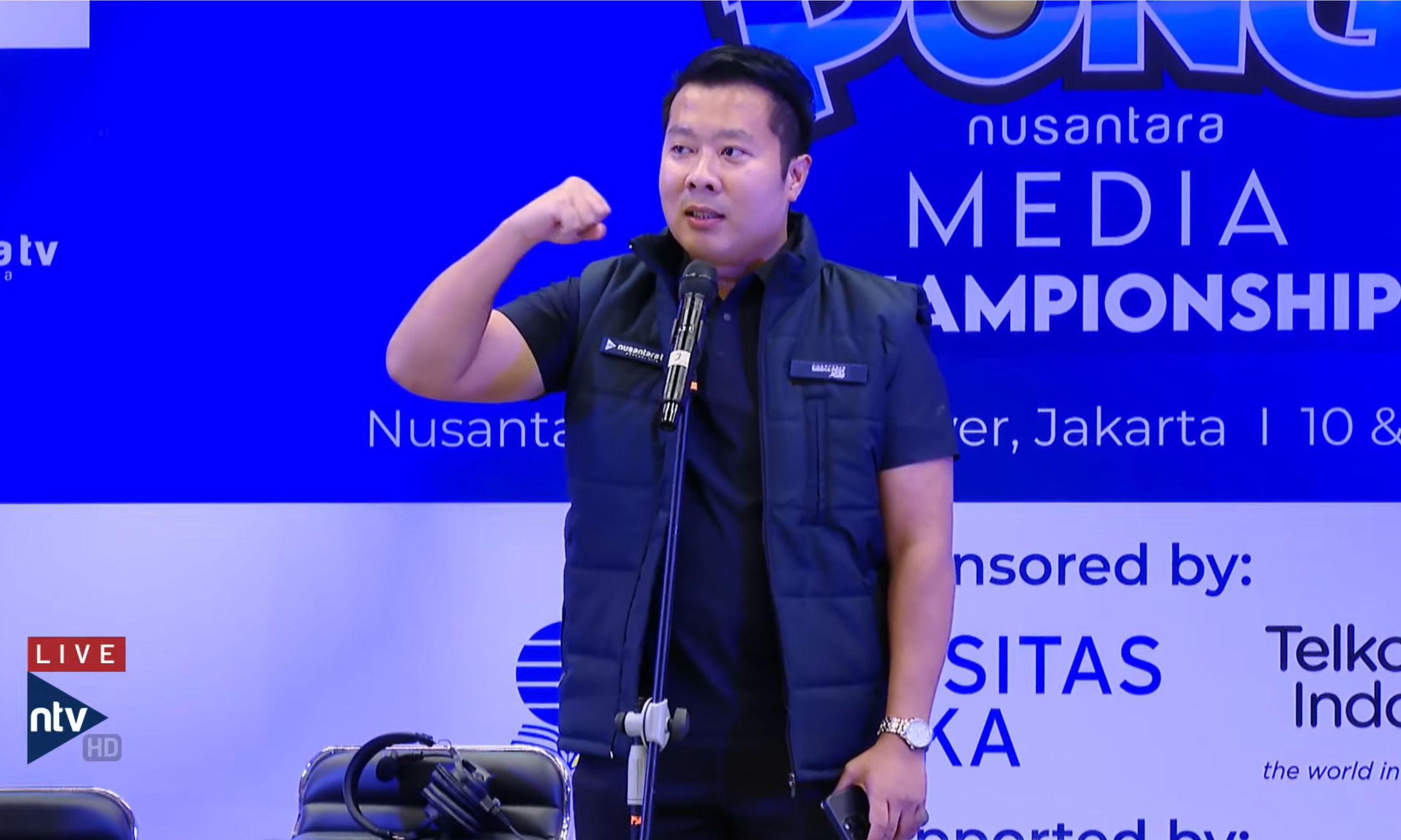 Direktur Utama (Dirut) Nusantara TV, Randy Monthonaro Tampubolon, resmi membuka turnamen Ping Pong Nusantara Media Championship di Nusantara Hall Lantai 9, NT Tower, Jakarta, pada Sabtu, 11 April 2026. <b>(NTV)</b>