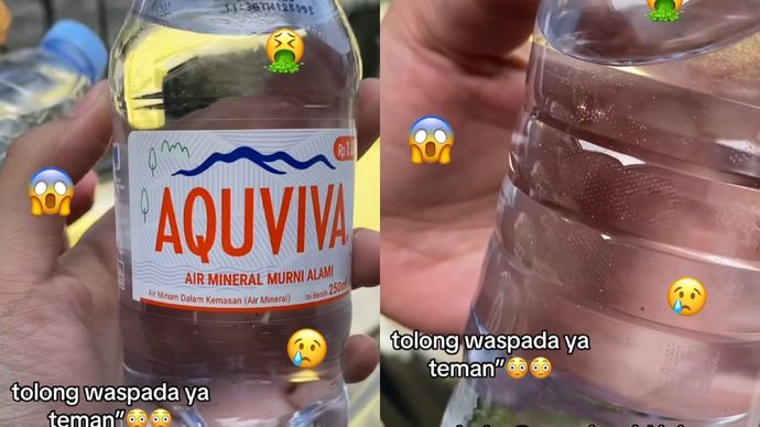 tangkapan layar air mineral kemasan merek Aquviva diduga terdapat kotoran di dalam botol.
