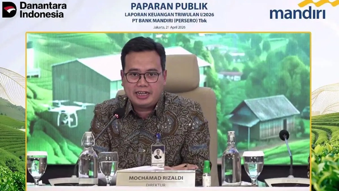 Tangkapan layar Direktur Corporate Banking Bank Mandiri Mochamad Rizaldi memaparkan materi dalam konferensi pers Paparan Kinerja Triwulan I 2026 secara daring di Jakarta, Selasa (21/4/2026). ANTARA/Rizka Khaerunnisa