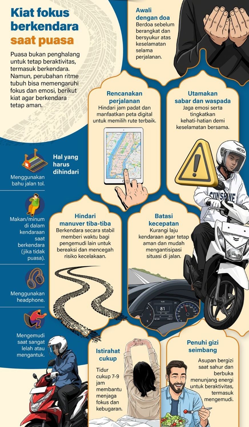 Puasa bukan penghalang untuk tetap beraktivitas, termasuk berkendara. Namun, perubahan ritme tubuh bisa memengaruhi fokus dan emosi, berikut kiat agar berkendara tetap aman. <b>(Antara)</b>
