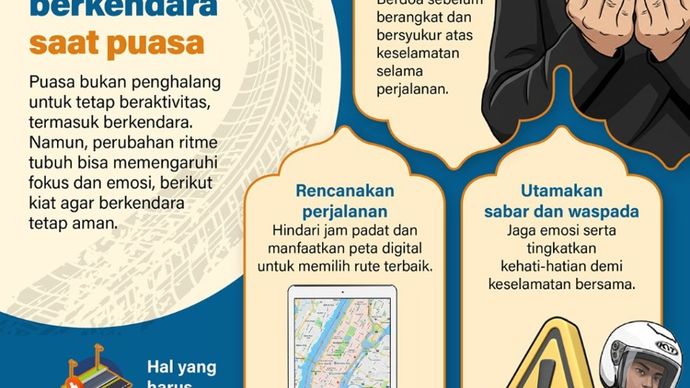 Puasa bukan penghalang untuk tetap beraktivitas, termasuk berkendara. Namun, perubahan ritme tubuh bisa memengaruhi fokus dan emosi, berikut kiat agar berkendara tetap aman.