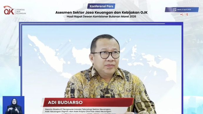 Tangkapan layar - Kepala Eksekutif Pengawas Inovasi Teknologi Sektor Keuangan, Aset Keuangan Digital, dan Aset Kripto OJK Adi Budiarso dalam Konferensi Pers RDKB Maret 2026 di Jakarta, Senin (6/4/2026). (ANTARA/Imamatul Silfia)