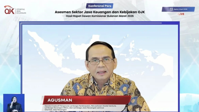 Tangkapan layar - Kepala Eksekutif Pengawas Lembaga Pembiayaan, Modal Ventura, dan Lembaga Keuangan Lainnya (PVML) OJK Agusman dalam Konferensi Pers RDKB Maret 2026 di Jakarta, Senin (6/4/2026). (ANTARA/Imamatul Silfia)