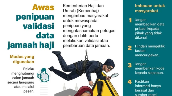Kementerian Haji dan Umrah (Kemenhaj) mengimbau masyarakat untuk mewaspadai penipuan yang mengatasnamakan petugas dengan dalih perlu melakukan validasi atau pembaruan data jamaah.