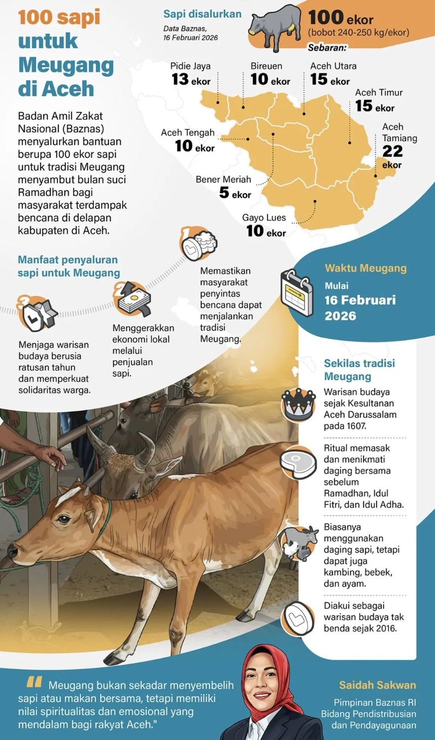 Badan Amil Zakat Nasional (Baznas) menyalurkan bantuan berupa 100 ekor sapi untuk tradisi Meugang menyambut bulan suci Ramadhan bagi masyarakat terdampak bencana di delapan kabupaten di Aceh. <b>(Antara)</b>
