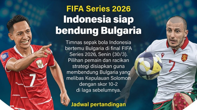 Timnas sepak bola Indonesia bertemu Bulgaria di final FIFA Series 2026, Senin (30/3). Pilihan pemain dan racikan strategi disiapkan guna membendung Bulgaria yang melibas Kepulauan Solomon dengan skor 10-2 di laga sebelumnya.