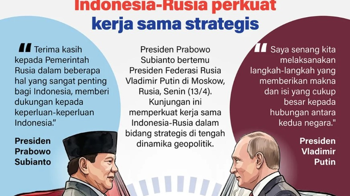Presiden Prabowo Subianto bertemu Presiden Federasi Rusia Vladimir Putin di Moskow, Rusia, Senin (13/4). Kunjungan ini memperkuat kerja sama Indonesia-Rusia dalam bidang strategis di tengah dinamika geopolitik.