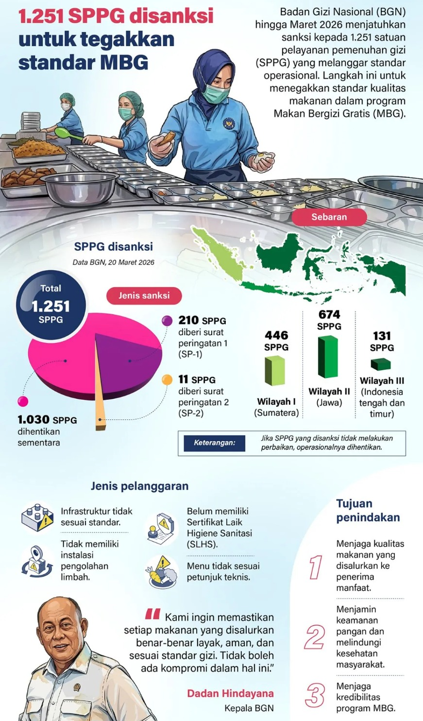 Badan Gizi Nasional (BGN) hingga Maret 2026 menjatuhkan sanksi kepada 1.251 satuan pelayanan pemenuhan gizi (SPPG) yang melanggar standar operasional. Langkah ini untuk menegakkan standar kualitas makanan dalam program Makan Bergizi Gratis (MBG). <b>(Antara)</b>