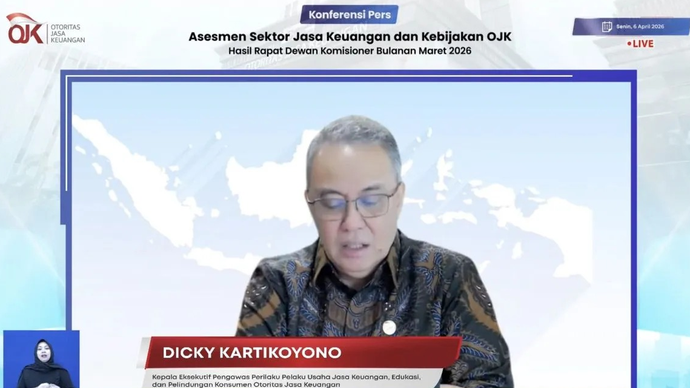 Tangkapan layar - Kepala Eksekutif Pengawas Perilaku Pelaku Usaha Jasa Keuangan, Edukasi, dan Perlindungan Konsumen OJK Dicky Kartikoyono dalam Konferensi Pers RDKB Maret 2026 di Jakarta, Senin (6/4/2026). (ANTARA/Imamatul Silfia)