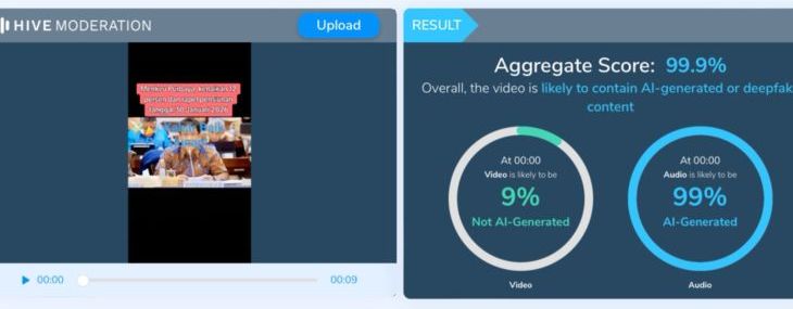 Hasil pemeriksaan video unggahan menggunakan AI Detector. (Hive Moderation) <b>(Antara)</b>