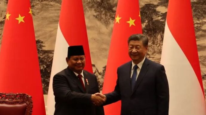 Presiden Prabowo Subianto dan Presiden Xi Jinping di Aula Besar Rakyat.