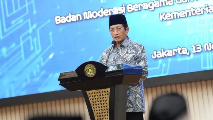 Menteri Agama Nasaruddin Umar saat menutup Pelatihan Kepemimpinan Nasional Tingkat II (PKN Tk.II) Angkatan XXVII di Jakarta. 