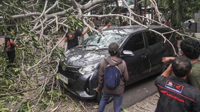 Sejumlah warga berupaya memindahkan batang pohon yang tumbang menimpa salah satu mobil di Jalan Lebak Bulus I, Jakarta, Senin (28/10/2024). Kejadian yang dipicu oleh angin kencang melanda kawasan tersebut mengakibatkan sejumlah pengendara kendaraan bermotor terluka karena tertimpa batang pohon tumbang.