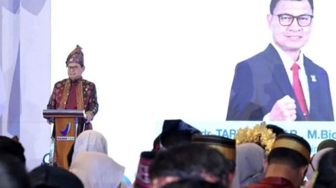  Kepala Badan Pengawas Obat dan Makanan (BPOM) Taruna Ikrar berpidato dalam agenda rangkaian peringatan 25 tahun BPOM di Jakarta, Kamis (29/1/2026). 