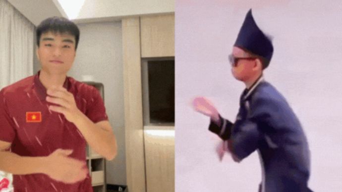 Pemain Vietnam, Nguyen Cong Phuang, merayakan kemenangan timnya atas Indonesia dengan selebrasi pacu jalur.