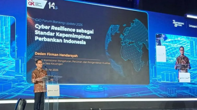 Deputi Komisioner Pengaturan, Perizinan, dan Pengendalian Kualitas Otoritas Jasa Keuangan (OJK) Deden Firman Hendarsyah menyampaikan keynote speech dalam CXO Forum Banking Update 2026 di Jakarta, Rabu (13/5/2026). ANTARA/Uyu Septiyati Liman.