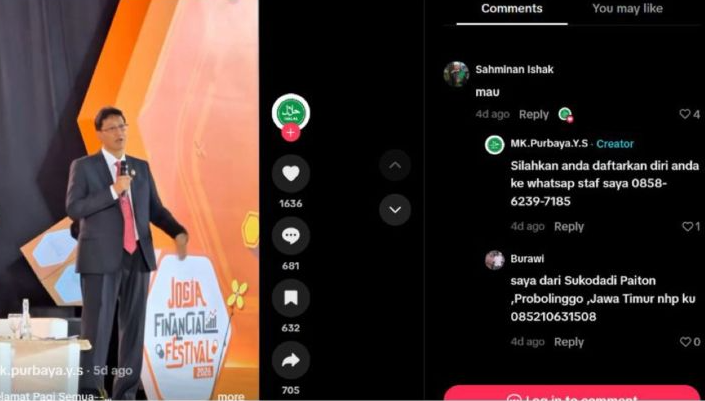 Unggahan yang menarasikan Purbaya bagikan dana bantuan Rp50 triliun dari rampasan aset koruptor. Faktanya, pernyataan tersebut merupakan hasil AI. (TikTok) <b>(Antara)</b>