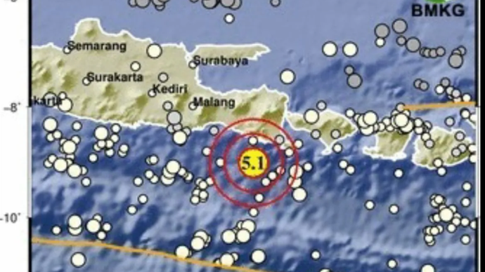 Titik gempa yang terjadi di tenggara Kabupaten Jember pada Selasa (26/5/2026) sore. ANTARA/HO-BMKG 