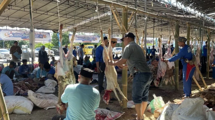 Suasana saat kegiatan penyembelihan 1.000 hewan kurban, di Ponpes Bai Mahdi Sholeh Ma'mun, Kabupaten Serang, Banten, Kamis (28/5/2026). ANTARA/Desi Purnama Sari