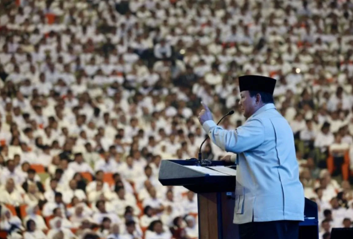 Presiden Prabowo Subianto memberikan pidato pada acara konsolidasi nasional Program Makan Bergizi Gratis (MBG) yang diinisiasi oleh Badan Gizi Nasional (BGN) di SICC, Bogor, Jawa Barat, Rabu (3/6/2026). (ANTARA/HO-Tim Media Presiden Prabowo) <b>(Antara)</b>
