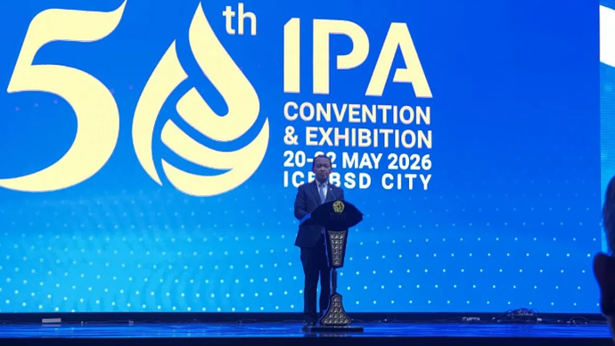 Menteri Energi dan Sumber Daya Mineral (ESDM) Bahlil Lahadalia menyampaikan pidato di hadapan para pengusaha hulu migas yang menghadiri IPA Convex, Tangerang, Banten, Rabu (20/5/2026). (ANTARA/Putu Indah Savitri)