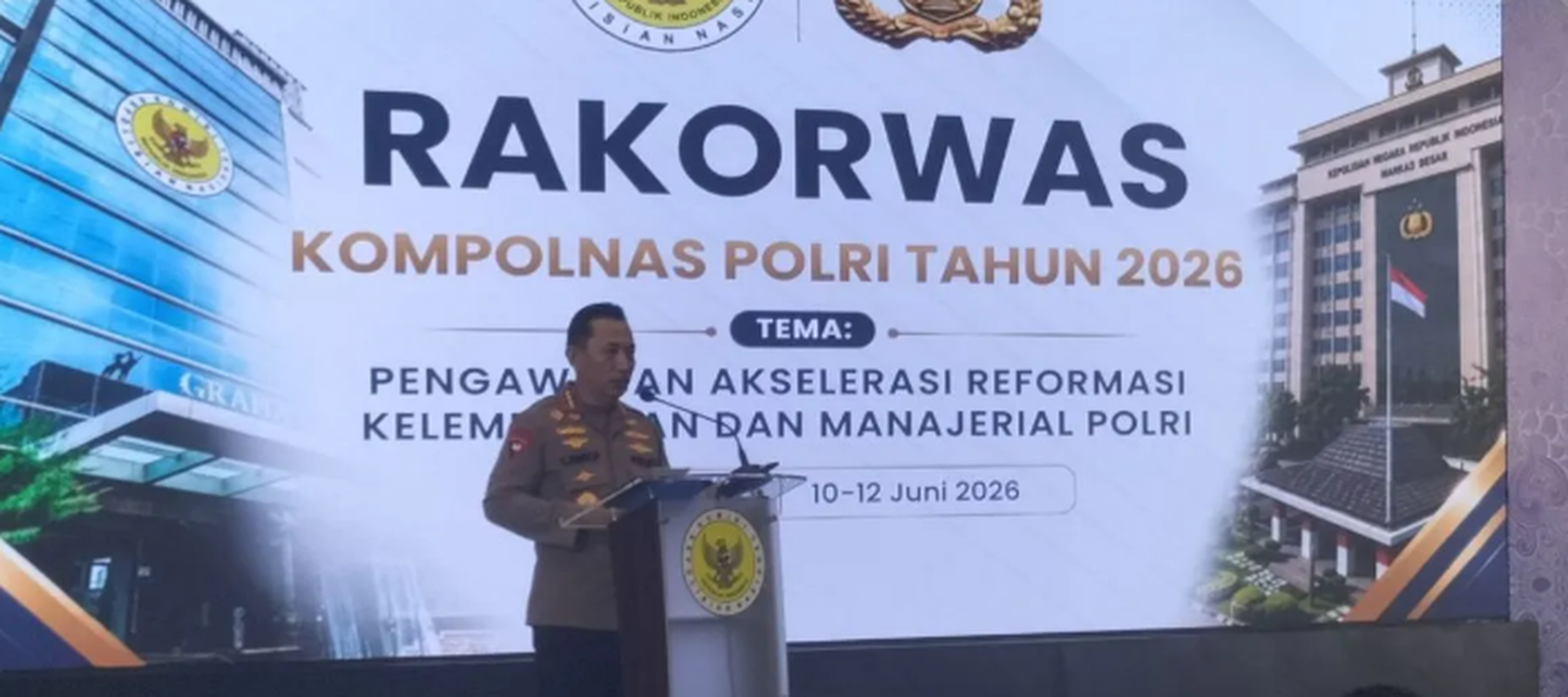 Kapolri Jenderal Polisi Listyo Sigit Prabowo saat memberikan paparan dalam Rapat Koordinasi Pengawasan (Rakorwas) Komisi Polisi Nasional (Kompolnas) di Jakarta Utara, Rabu (10/6/2026). (ANTARA/Walda Marison)