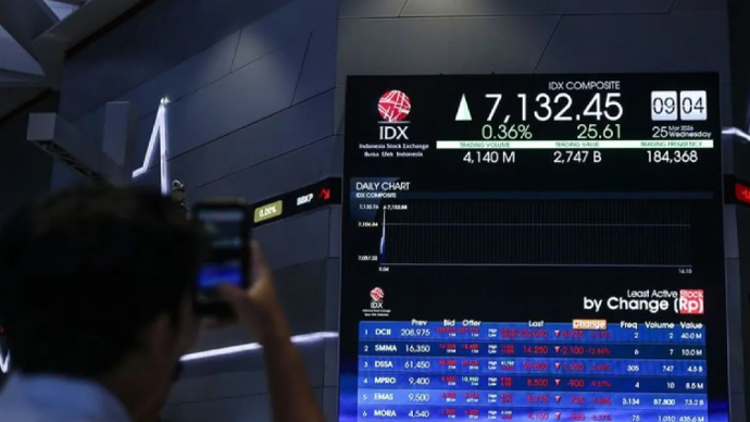 Pengunjung memotret layar yang menampilkan pergerakan Indeks Harga Saham Gabungan (IHSG) di Bursa Efek Indonesia, Jakarta, Rabu (25/3/2026). ANTARA FOTO/Asprilla Dwi Adha/tom/pri.