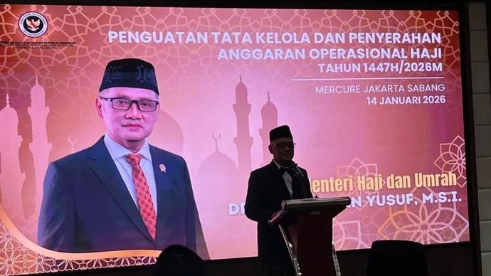 Menteri Haji dan Umrah RI Mochammad Irfan Yusuf saat membuka kegiatan Penguatan Tata Kelola dan Penyerahan Anggaran Operasional Haji Tahun 1447 Hijriah/2026 Masehi di Jakarta, Rabu, 14 Januari 2026. ANTARA/Asep Firmansyah
