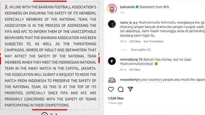 Salah satu bunyi pernyataan sikap Asosiasi Sepak Bola Bahrain terkait serangan siber yang dilancarkan pendukung timnas Indoensia ke sejumlah fasiltias mereka