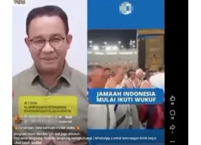 Unggahan video yang menarasikan Anies Baswedan tawarkan kuota haji gratis. Faktanya, video tersebut merupakan hasil suntingan. (Facebook) <b>(Antara)</b>