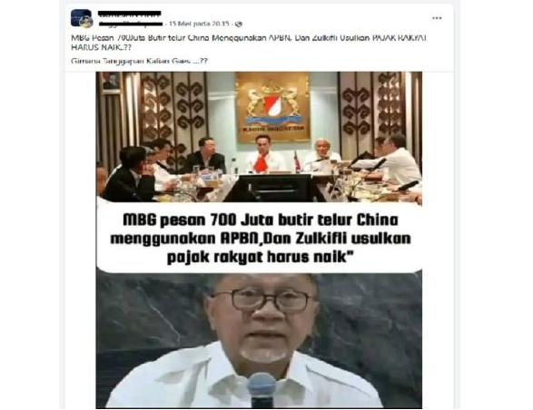 Tangkapan layar konten media sosial berisi narasi yang menyatakan bahwa BGN pesan 700 juta telur dari China untuk MBG (Facebook) <b>(Antara)</b>