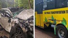 Kecelakaan antara mobil dengan bus kuning (bikun) terjadi di lingkungan kampus Universitas Indonesia (UI), Jumat, 3 Mei 2024.