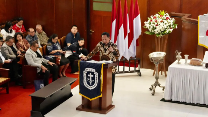 Menteri Dalam Negeri (Mendagri) Muhammad Tito Karnavian berikan saat menghadiri acara Serah Terima Kepengurusan dan Pelantikan Dewan Pimpinan Pusat (DPP) PIKI Masa Bakti 2026-2031 di Gereja Paulus Jakarta, Sabtu (30/5/2026). (ANTARA/HO-Kemendagri)