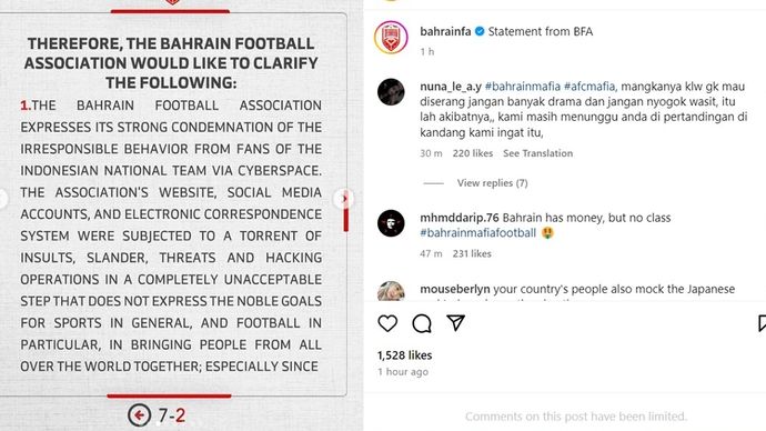 Pernyataan Asosiasi Sepak Bola Bahrain <b>(Instagram Asosiasi Sepak Bola Bahrain)</b>