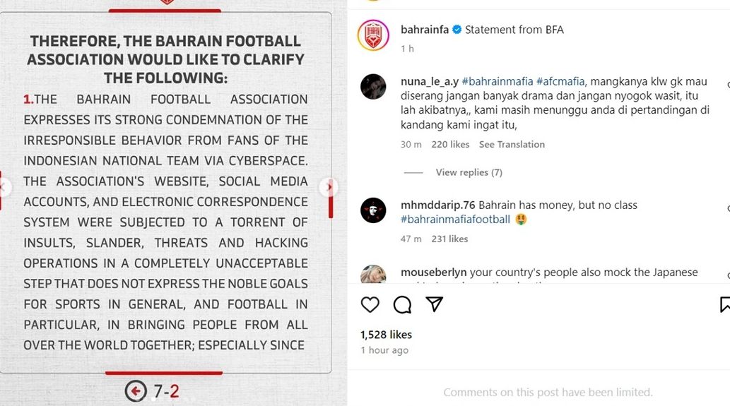 Pernyataan Asosiasi Sepak Bola Bahrain <b>(Instagram Asosiasi Sepak Bola Bahrain)</b>