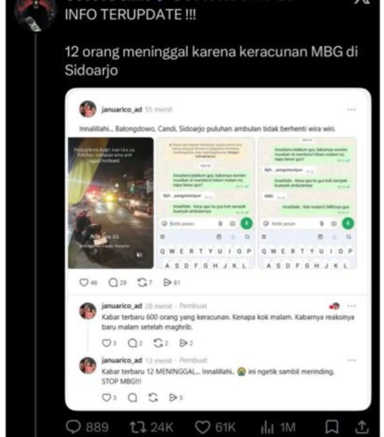 Unggahan yang menarasikan keracunan MBG di Sidoarjo sebabkan 12 orang meninggal. Faktanya, pihak pesantren menyatakan bahwa informasi mengenai adanya korban jiwa dan tuduhan bahwa makanan yang menyebabkan keracunan berasal dari dapur internal pesantren merupakan informasi bohong atau hoaks.  <b>(x)</b>