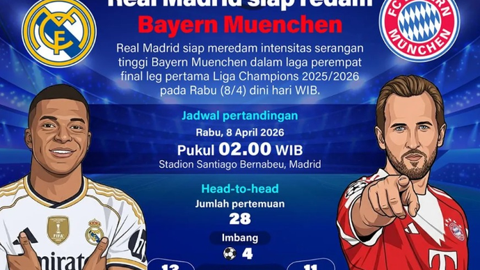 Real Madrid siap meredam intensitas serangan tinggi Bayern Muenchen dalam laga perempat final leg pertama Liga Champions 2025/2026 pada Rabu 8 April 2026 dini hari WIB.