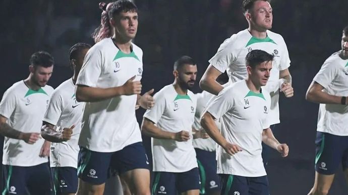 Latihan terakhir timnas Australia sebelum bertemu Indonesia di putaran ketiga babak kualifikasi Piala Dunia 2026. <b>(Antara)</b>