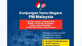 Direktorat Lalu Lintas Polda Metro Jaya melakukan rekayasa lalu lintas dengan menutup sementara sejumlah ruas jalan protokol di Ibu Kota seiring kunjungan Perdana Menteri Malaysia, Anwar Ibrahim, ke Indonesia pada Jumat.