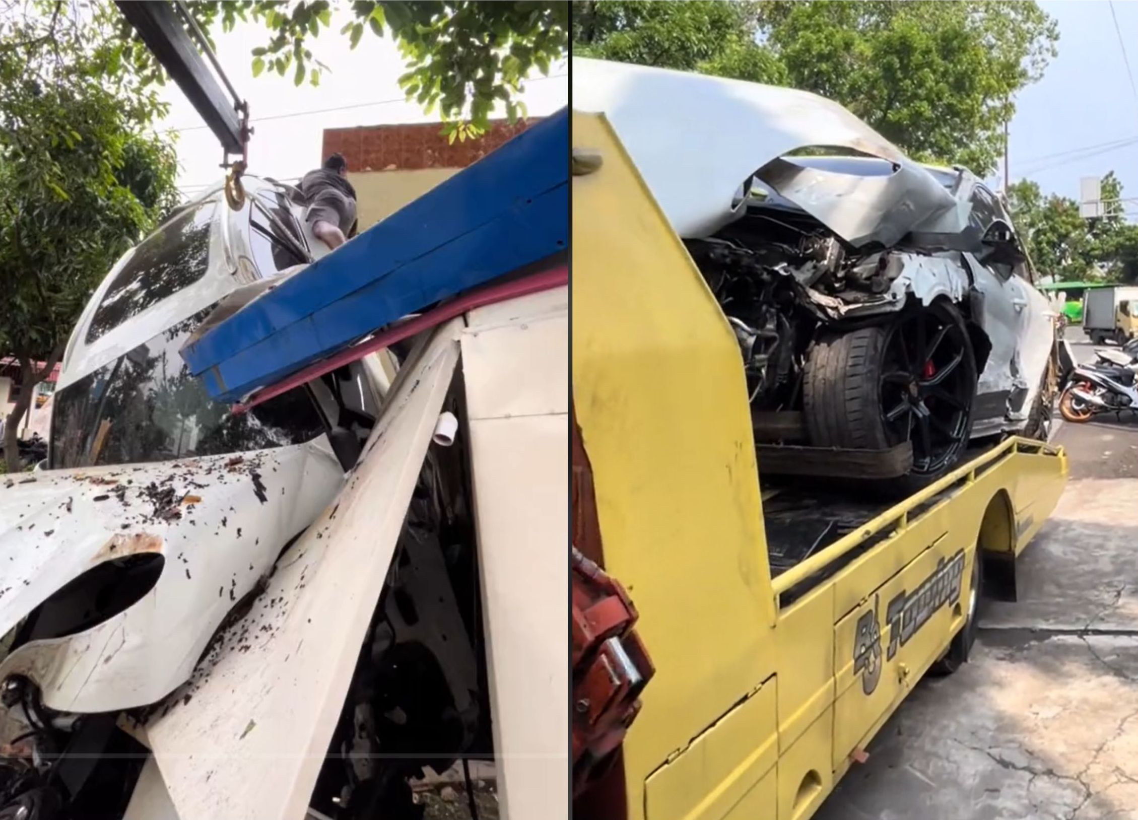 Mobil Porsche Putih Tabrak Kantor Polisi di Medan <b>(TikTok: bjtowing3)</b>