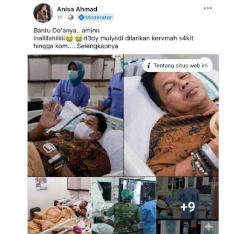 Unggahan yang menarasikan Dedi Mulyadi masuk rumah sakit dan koma pada 20 Mei 2026. Faktanya, foto tersebut merupakan foto lama pada 26 Januari 2022 saat ia menjalani operasi iritasi pada pita suara akibat terlalu banyak berbicara dalam kegiatan sehari-hari. (Facebook) <b>(Antara)</b>