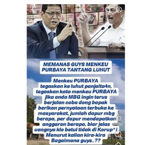 Unggahan yang menarasikan Purbaya tantang Luhut untuk transparansi program MBG. Faktanya, pernyataan tersebut tidak berdasar. (Facebook) <b>(Antara)</b>
