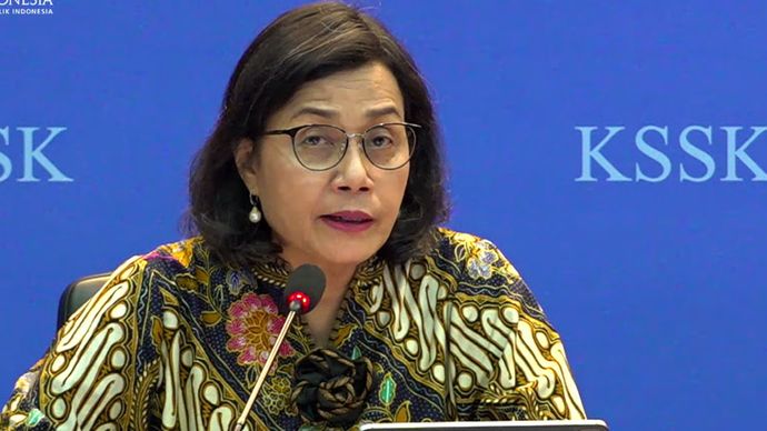 Menteri Keuangan Sri Mulyani dalam konferensi pers Komite Stabilitas Sistem Keuangan (KSSK).