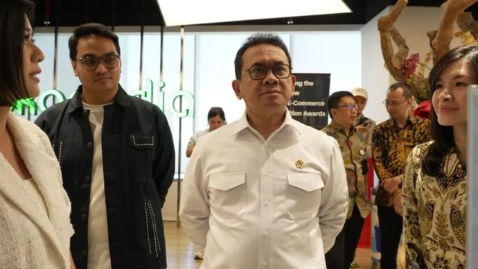 Menteri Perdagangan Budi Santoso pada Konferensi Pers Kilas Balik Tren Belanja Online dan Dampak Kolaborasi Tokopedia dan Shop Tokopedia di Tokopedia Tower, Jakarta, Kamis (12/12.2024).